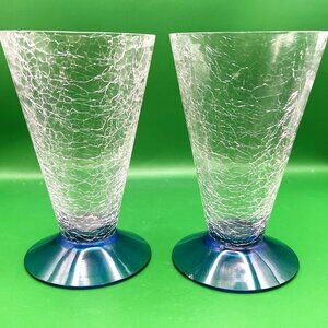 Mid Century Barware Drinking Glasses Crackle Glass Cone Shape Blue Base Set of 2